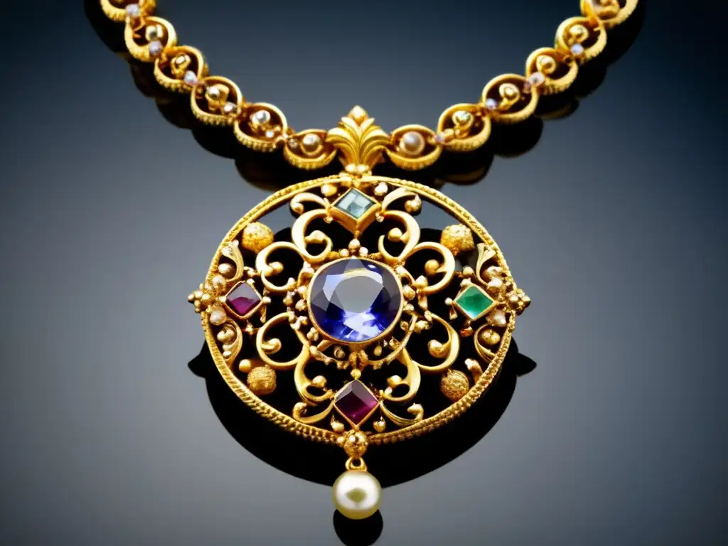 Collar renacentista restaurado, detalle ultradetallado Restauración de joyas antiguas: Collar renacentista de oro con filigrana y gemas