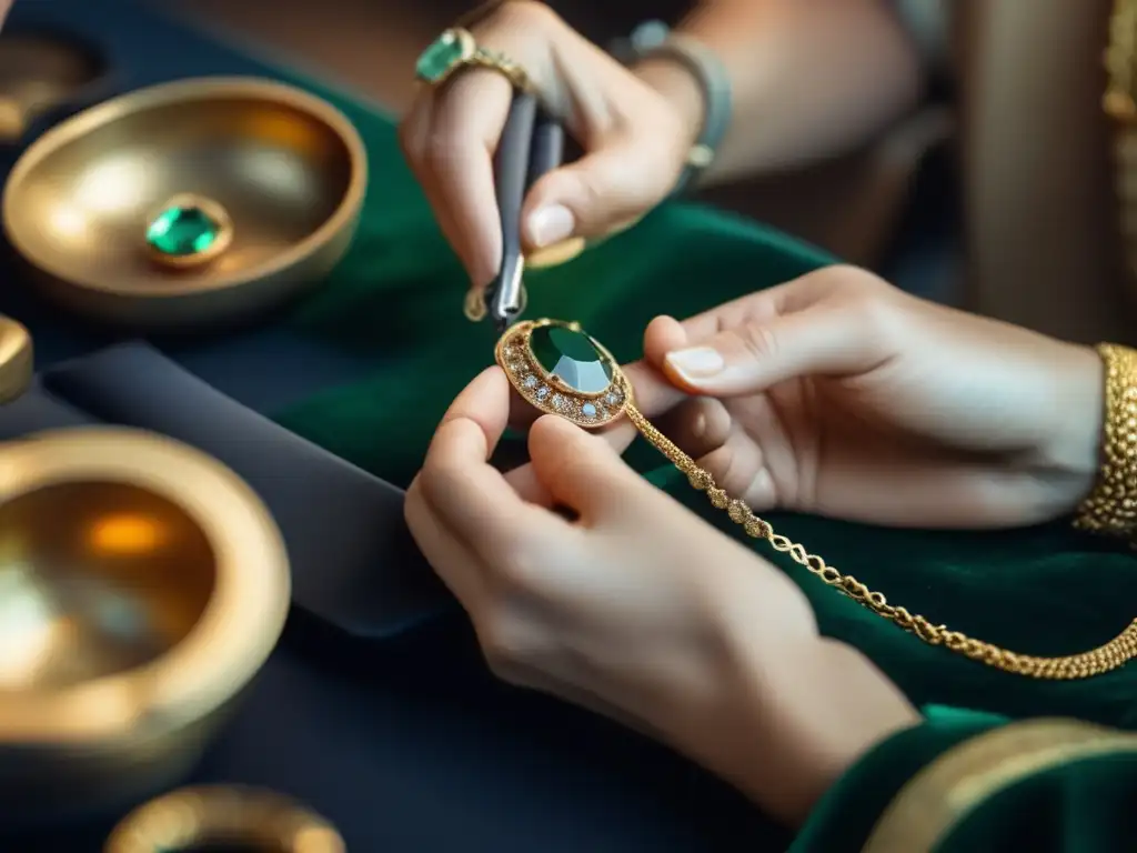 Técnicas de restauración joyería antigua: Restauración minuciosa de un collar antiguo con delicadeza y detalle en manos expertas