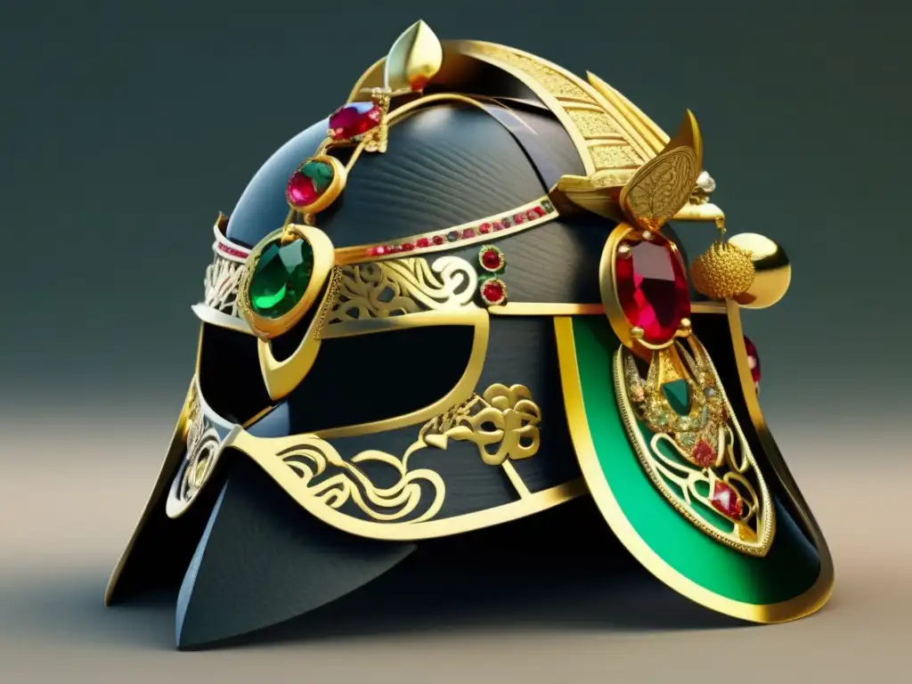 Joyas japonesas: diseño minimalista y detallado en un casco samurai, con filigrana en oro y plata, gemas y colores vibrantes