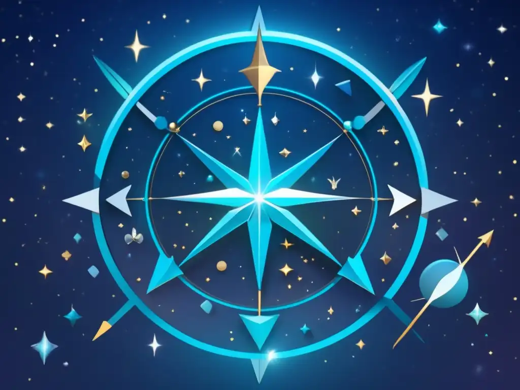 Noche estrellada con constelaciones y signos del zodiaco Sagitario, Capricornio y Acuario, con gemas turquesa, granate y amatista