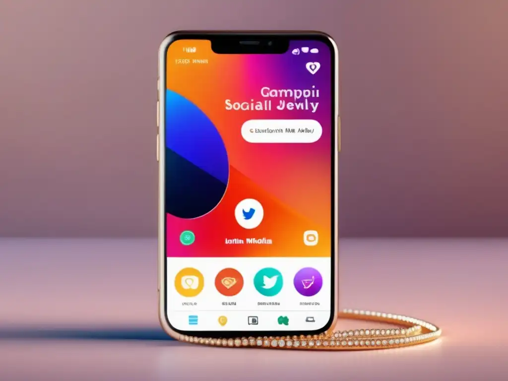 Impacto redes sociales en joyería: smartphone moderno con app de joyería customizable, gemas y diseño minimalista