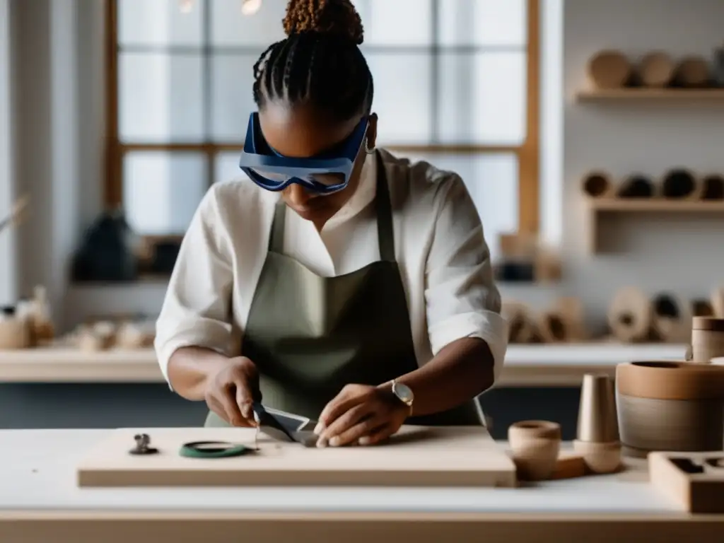 Evolución joyería sostenible: taller moderno, artesano creando pieza con gemas ecofriendly y herramientas precisas