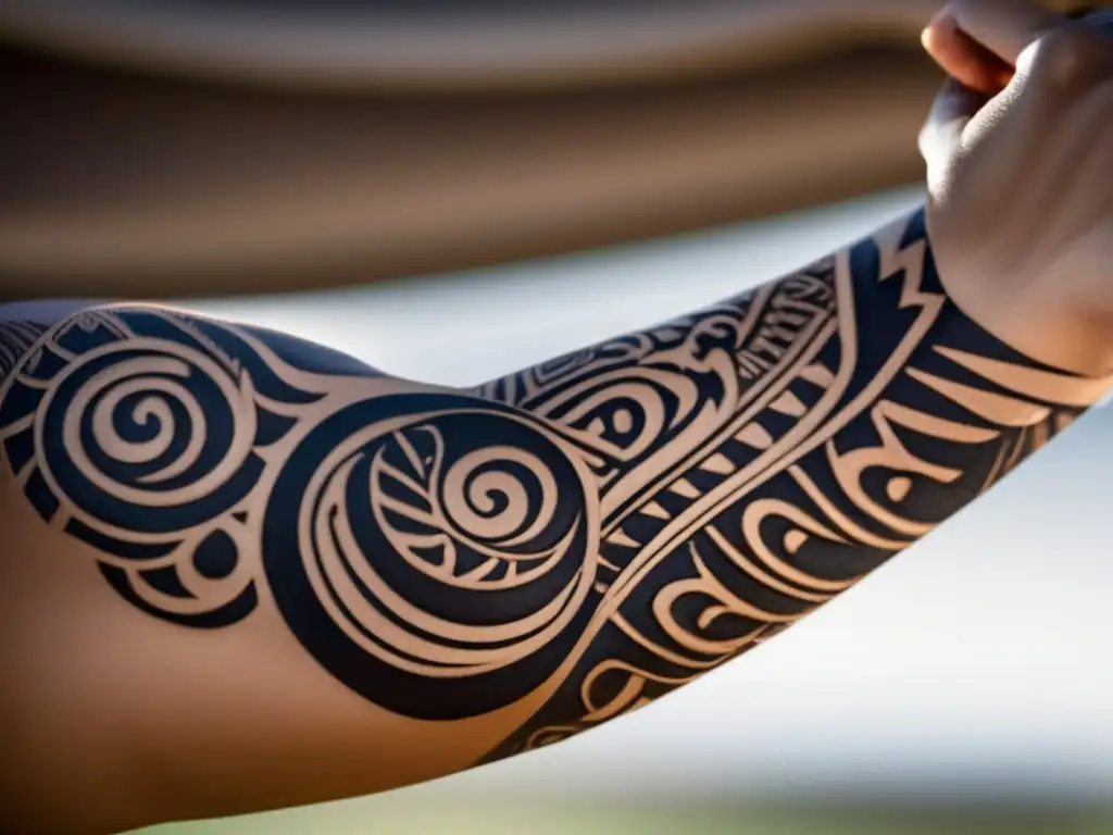 Evolución de adornos corporales Maoríes: tatuaje tribal Maorí detallado en brazo, fusionando tradición y estética moderna