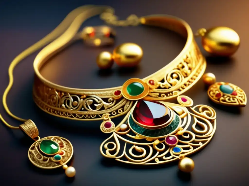 Joyas antiguas de China e India Historia joyería asiática: Tesoros Han y Mogul, collar dorado filigrana, corona Mogul con piedras preciosas, detalles ultradetallados