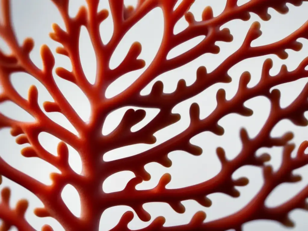 Joyería de gemas orgánicas antiguas: Coral rojo vibrante en un primer plano, con textura y patrones orgánicos, en un fondo blanco minimalista