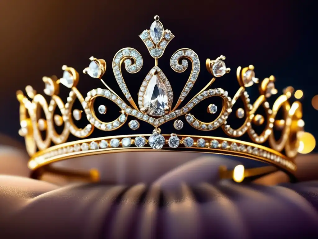 Tiara de diamantes, detalles intrincados y artesanía exquisita, en una almohadilla de terciopelo, iluminada por un foco suave