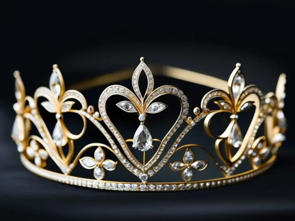 Influencia joyería eduardiana moda: Tiara diamantes filigrana floral, elegancia atemporal