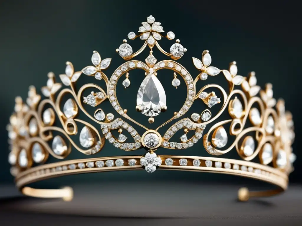 Historia Alta Costura: Tiara diamantes regia inspirada por Reina Victoria, diseño elegante y simétrico, detalle intrincado, brillo deslumbrante