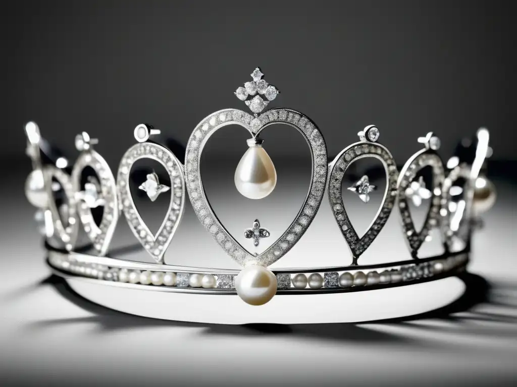 Historia de la joyería británica contemporánea: Tiara deslumbrante con diamantes y perlas, símbolo de opulencia y elegancia