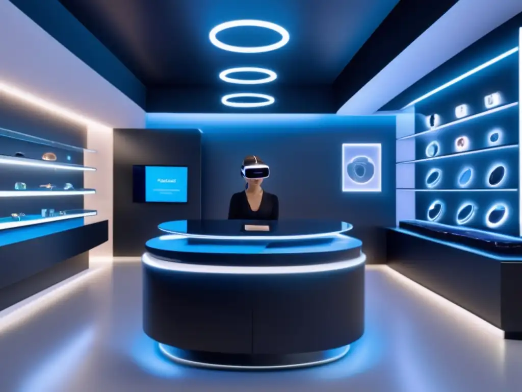 Impacto tecnológico en joyería contemporánea: tienda futurista con hologramas, VR y IA, muestra joyas 3D impresas y asistente virtual