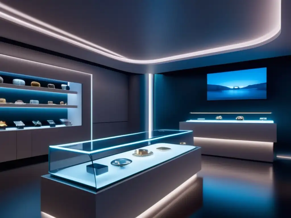 Innovaciones en joyería con realidad aumentada: una tienda futurista con piezas de joyería exhibidas en realidad aumentada