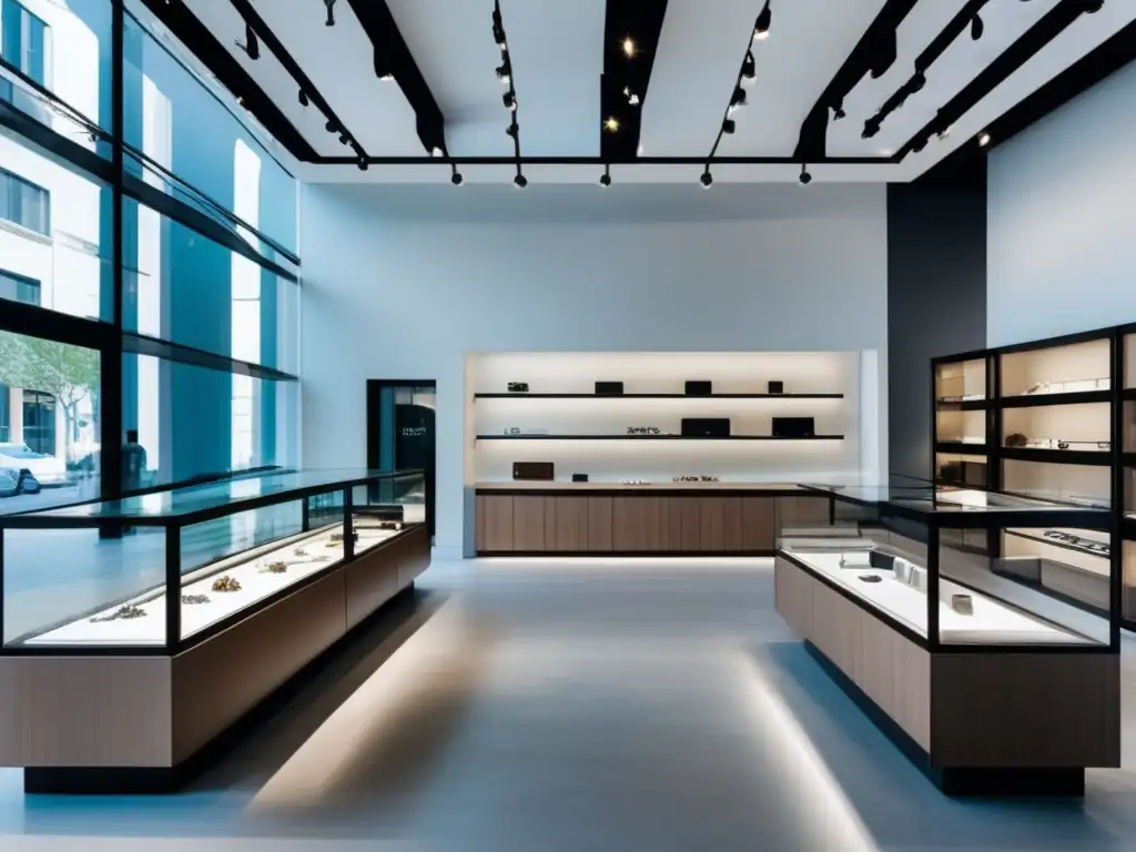 Interior tienda joyería contemporánea: diseño minimalista, elegante y luminoso con exhibición de piezas únicas