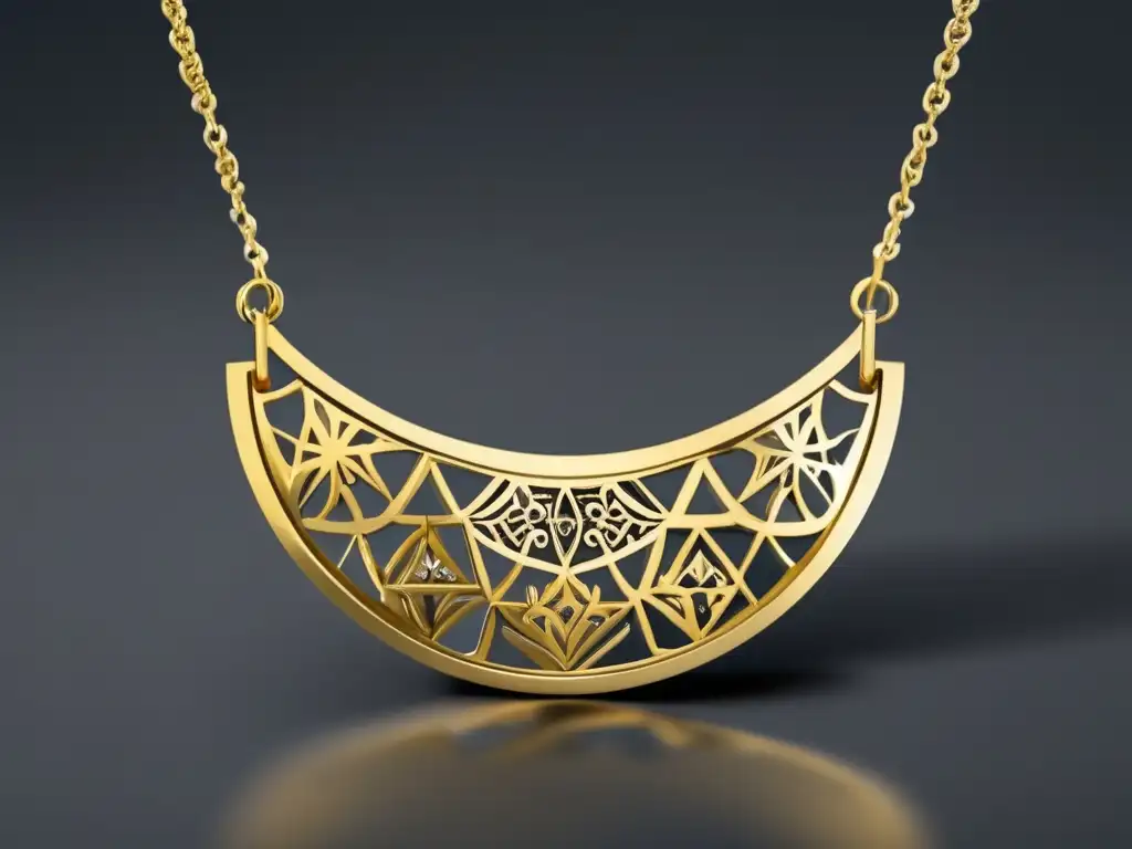 Joya de oro minimalista con simbolismo antiguo Joyería antigua metales preciosos: Collar oro minimalista con patrones geométricos y símbolo ancestral, diamantes y fondos oscuros